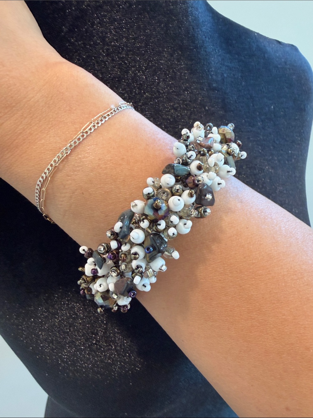 Handcrafted White and Metallic Beaded Cluster Bracelet - Women Jewelry